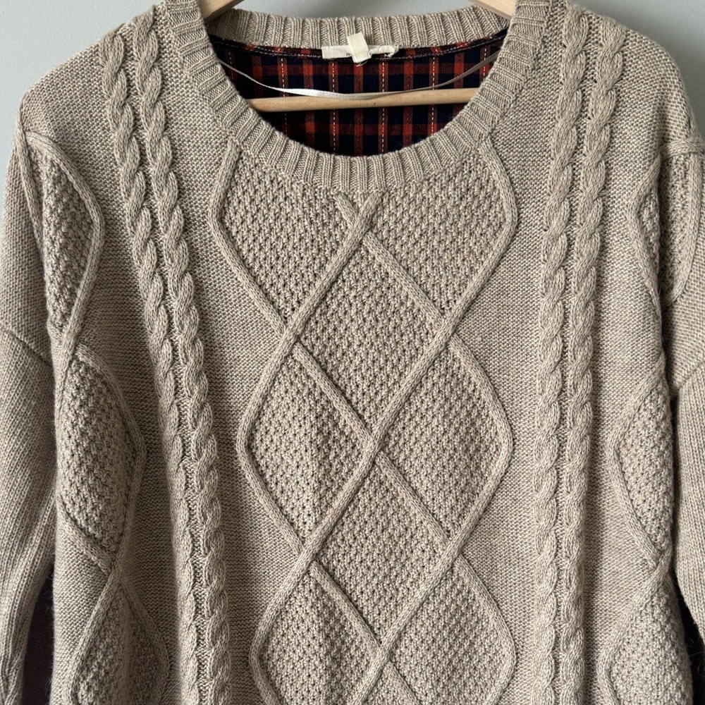 Mystree Cable Knit Sweater Flannel Plaid Back Beige Rust Large - Picture 4 of 10